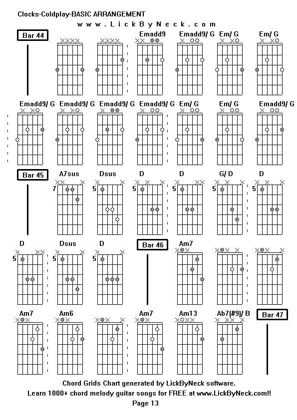 Chord Grids Chart of chord melody fingerstyle guitar song-Clocks-Coldplay-BASIC ARRANGEMENT,generated by LickByNeck software.